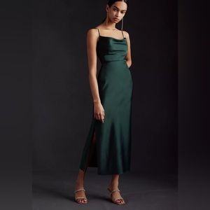 BHLDN Cali Satin Cowl-Neck Midi Slip Dress Dark Emerald Size 2